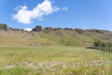 Craggy Range tepeleri, Hawkes Körfezi Yeni Zelanda 'daki yeşil yamaçlara ve tarlalara zemin oluşturur..