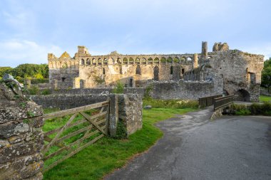 Aziz David 'in Bishops Sarayı' nın önündeki tahta kapı ve taş duvarlar gündoğumunda ortaçağ kalıntıları..