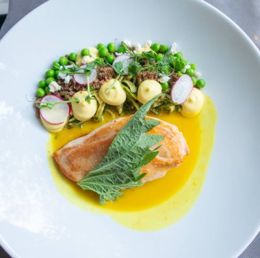 Temiz beyaz tabakta gurme yemekleri. Kuş bakışı lokanta için sanatsal olarak düzenlenmiş..