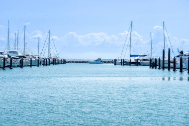 Rıhtımları ve demirli tekneleri olan Tauranga marinası ve mavi su ve gökyüzü kanalı.