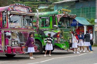 Nuwara Eliya Sri Lanka - 6 Eylül 2024; Beyaz okul üniformalı genç kızlar tipik olarak okuldan sonra Asyalı süslü otobüslerin önünde yürüyorlar.