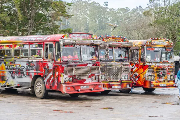 Nuwara Eliya Sri Lanka - 6 Eylül 2024; Asya 'da birlikte park edilmiş renkli yolcu otobüsleri.