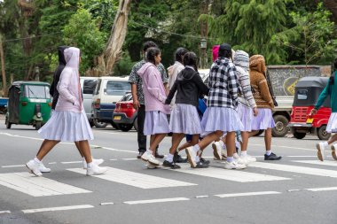 Nuwara Eliya Sri Lanka - 6 Eylül 2024; Bir grup genç kız öğrenci, maske takarak yaya geçidinde yürüyorlar..