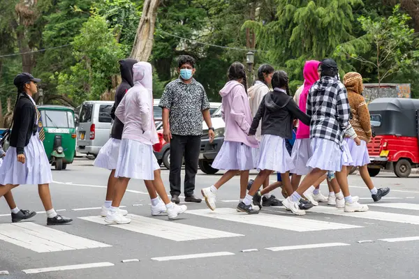 Nuwara Eliya Sri Lanka - 6 Eylül 2024; Bir grup genç kız öğrenci, maske takarak yaya geçidinde yürüyorlar..