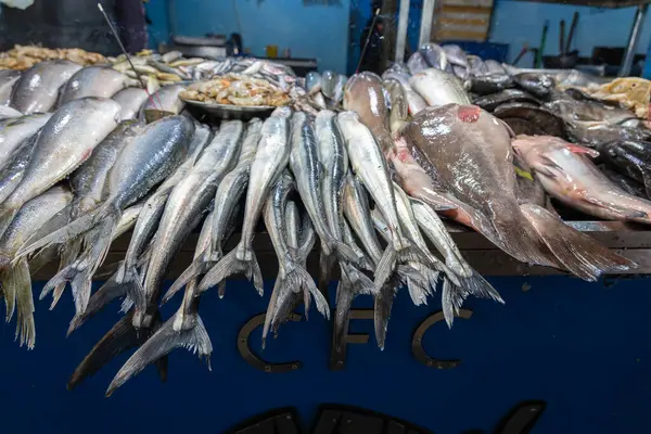 Nuwara Eliya Sri Lanka - 6 Eylül 2024; Viktorya Pazarı binasında satışta olan çok sayıda balık ve deniz ürünü