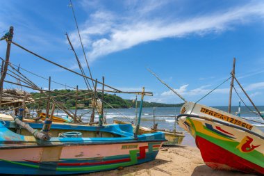 Galle Sri Lanka - 14 Eylül 2024 Geleneksel pitoresk balıkçı tekneleri şehrin yakınındaki kumsalda ve Yeni Zelanda eğreltiotu amblemli bir sahilde çekildi.