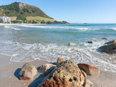 Maunganui Dağı, mavi gökyüzünün altında, uzun kumlu plajın sonunda Yeni Zelanda 'da..