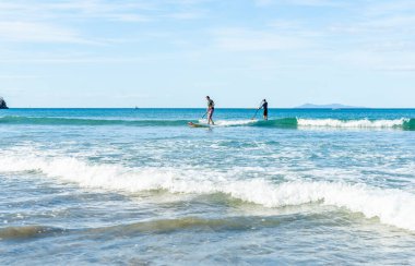 Maunganui Dağı Yeni Zelanda - 23 Ocak 2012; Main Beach 'te sörf yapan stand-up sörfçüleri