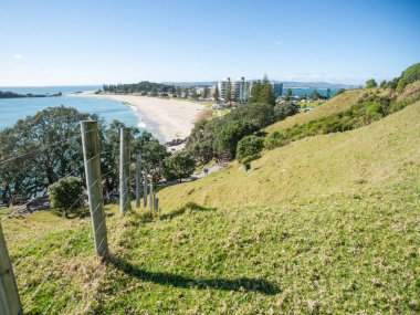 Maunganui Dağı Yeni Zelanda - 4 Kasım 2012; Maunganui Dağı 'nın doğu yamacının dik yamacında sahil ve kasaba üzerinde yürüyen insanlar var..