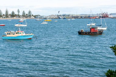 Maunganui Dağı Yeni Zelanda - 5 Kasım 2012; Arka planda Tauranga Dağı iskelesi limanı olan Kılavuz Koyu 'nda demirli tekneler görülüyor.