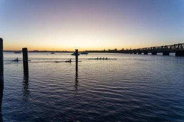 Tauranga limanındaki eski demirleme yerleri şafak öncesi ışıklarıyla. Kürekçiler siluet içinde geçerken..