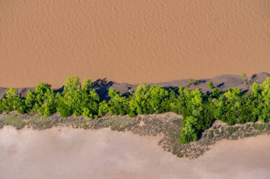 Batı Avustralya 'daki Kimberleys kıyılarında gelgit çekildiğinde ortaya çıkan çamurlu düz bitki örtüsünün oluşturduğu gerçekçi etkilerin altındaki gelgit şekilleri..
