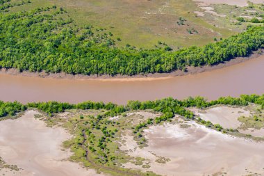 Brown water stream through tidal patterns below forming realistic effects formed by mudflat vegetation exposed when tide goes out in coastal Kimberleys Western Australia.