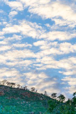 Batı Avustralya 'daki Kimberley' de mavi bulutlu gökyüzünün altında dik kırmızı kaya tepesi.