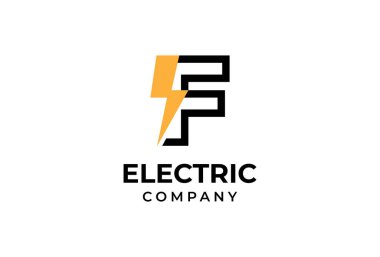 Elektrik logosu. İçinde şimşek olan soyut F harfi, elektrik tasarım logosu şablonu, vektör illüstrasyonu