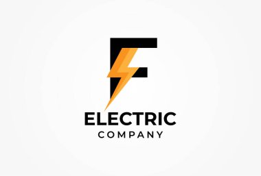 Elektrik logosu. İçinde şimşek olan soyut F harfi, elektrik tasarım logosu şablonu, vektör illüstrasyonu