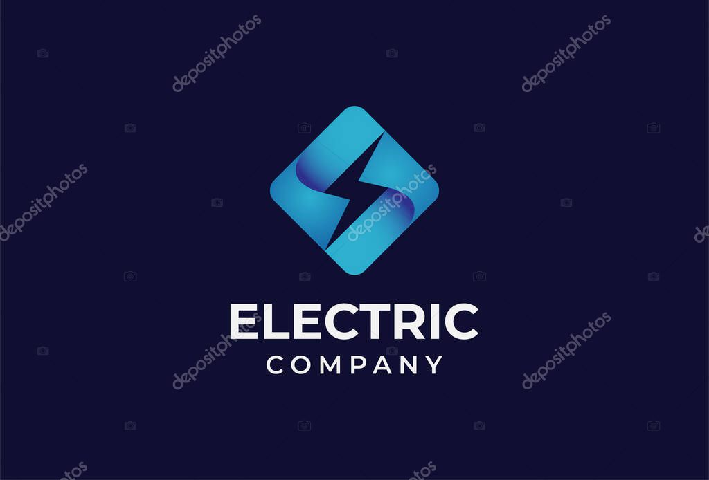 Electric thunder bolt logo design with Gradient blue square vector illustration
