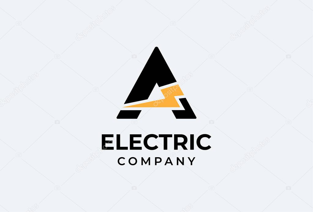 Initial Letter A Electric Logo, letter A with thunder bolt icon inside isolated on black background, Flat style Logo Design Template element, vector illustration