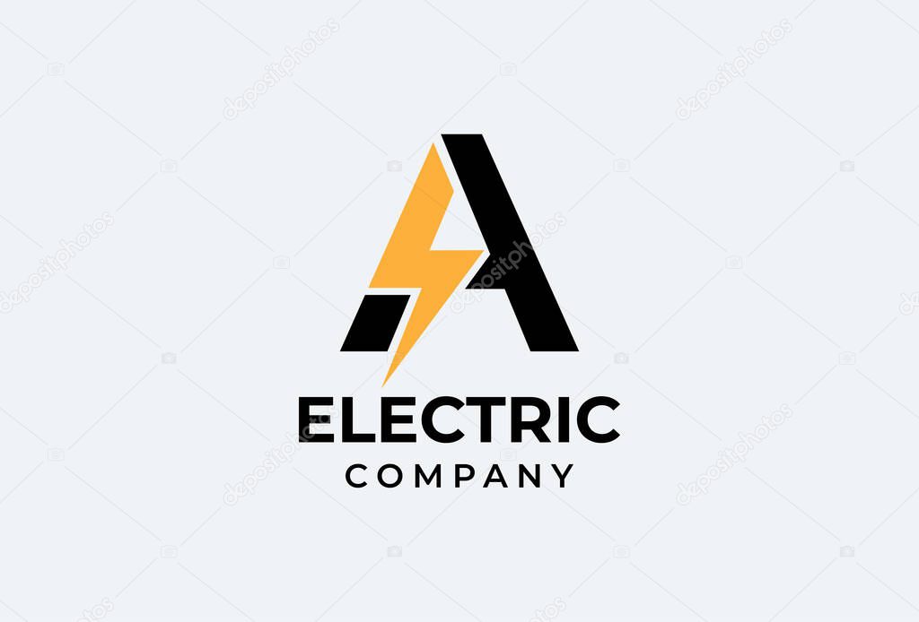 Initial Letter A Electric Logo, letter A with thunder bolt icon inside isolated on black background, Flat style Logo Design Template element, vector illustration