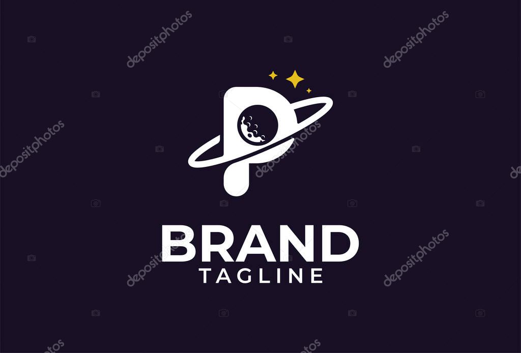 Initial P Planet Logo, typographic planet text logo, with the letter P joining the orbital lines and stars, flat design logo template, vector illustration