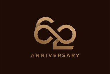 62 numaralı soyut logo, sonsuz ikon kombinasyonlu 62 numara, doğum günü ve iş logosu şablonları, düz tasarım logosu, vektör çizimi için kullanılabilir.