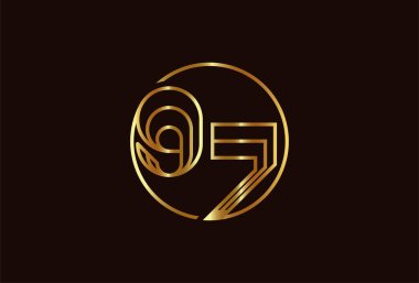 97 Numaralı Soyut Altın Logo, 97 Numaralı monogram çizgisi biçimi, doğum günü ve iş logosu şablonları, düz tasarım logosu, vektör illüstrasyonu için kullanılabilir