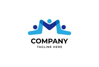 Soyut Harf M İnsanlar Logosu, harf M ve bağlı insanlar ikon kombinasyonu, Düz Stil Logo Tasarım Şablonu, vektör ilülasyonu
