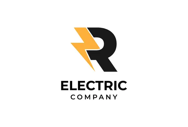 Baş harf R Electric logosu. İçerisinde gök gürültüsü simgesi olan R harfi beyaz arkaplanda izole edilmiş, Düz stil Logo Tasarım Şablonu ögesi, vektör illüstrasyonu