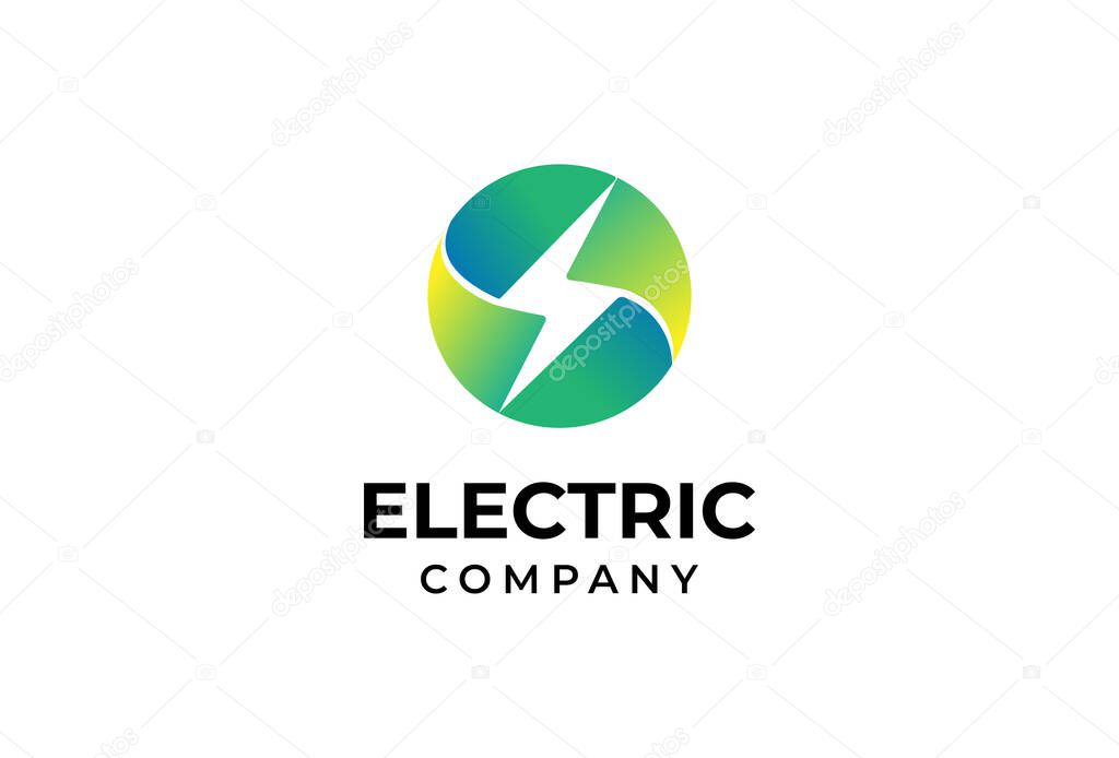 Electric logo, Green thunder bolt icon from circle negative space, Flat Design Logo Template, vector illustration