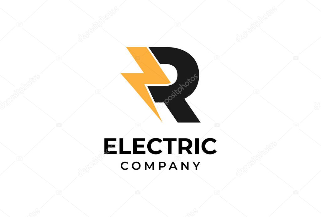 Initial Letter R Electric Logo. letter R with thunder bolt icon inside isolated on white background, Flat style Logo Design Template element, vector illustration