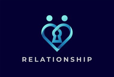 İnsanlar logo tasarımı, kalp ve anahtar deliği ikon kombinasyonu olan insanlar, Logo şablon elemanı, vektör illüstrasyonu