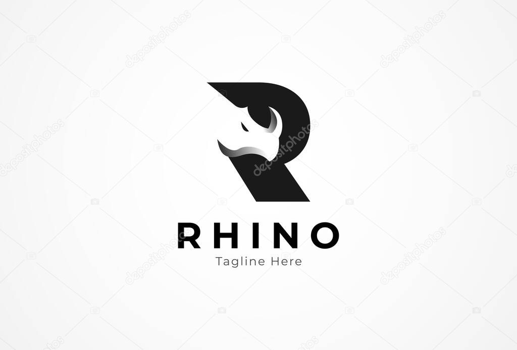 Letter R Rhino Logo. initial R with negative space rhino's head, flat design logo template, vector illustration