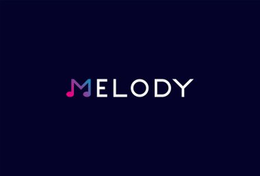 Melodi Logosu, nota simgesi kombinasyonlu M harfi, metin Melody tipografi logosu, vektör illüstrasyonu