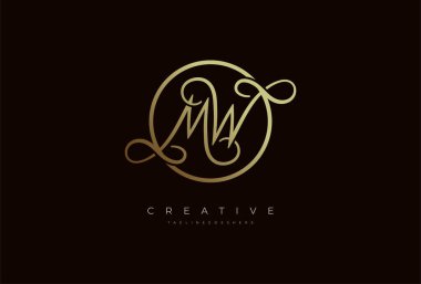 Soyut ilk harf MW kaligrafi logosu, MW harfi altın daire tasarımı, vektör illüstrasyonu
