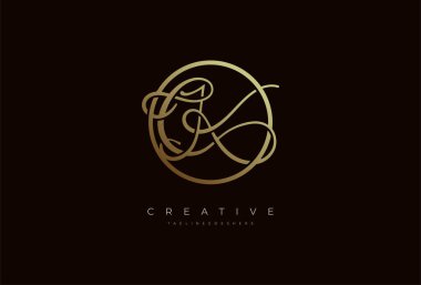 Soyut ilk harf CK hat logosu, Lükslü harf CK altın daire tasarımı, vektör illüstrasyonu