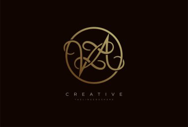 Soyut ilk harf VA veya VZA kaligrafi logosu, VA altın daire tasarımı, vektör illüstrasyonu