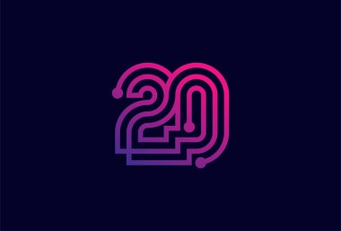 20 Numara Logosu, 20 numara monogram line tech style, yıldönümü için kullanılabilir iş ve teknoloji logoları, düz tasarım logo şablonu, vektör ilülasyonu