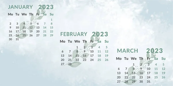 Kalender 2023 Nach Quartalen Die Monate Januar Februar März Woche — Stockvektor
