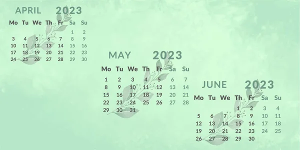 Kalender 2023 Nach Quartalen Die Monate April Bis Juni Woche — Stockvektor