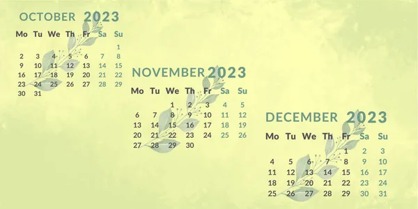 Kalenderblatt 2023 Viertel Monat Oktober November Dezember Woche Beginnt Montag — Stockvektor