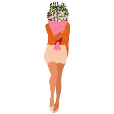 Woman holding a bouquet of flowers in front of her face. The bouquet is wrapped in pink polka-dotted paper with a red bow, featuring an assortment of pastel-colored blossoms. clipart