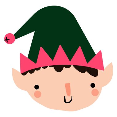 Poster, dekor, parmak izi için elf kafası. Yılbaşı cücesinin vektör illüstrasyonu.