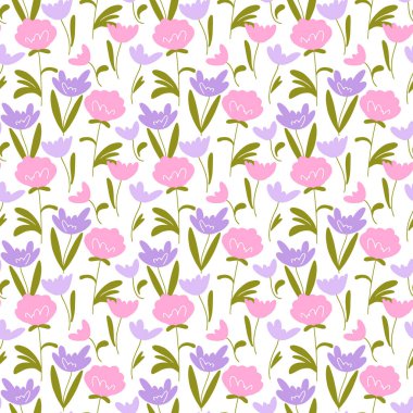 Beyaz arka planda pembe ve leylak çiçekli güzel çiçek deseni