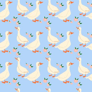 Seamless Spring Pattern with Geese and Pink Flowers in Gentle Colors. Easter Theme. Cute seamless pattern with goose and doodle flowers after the rain