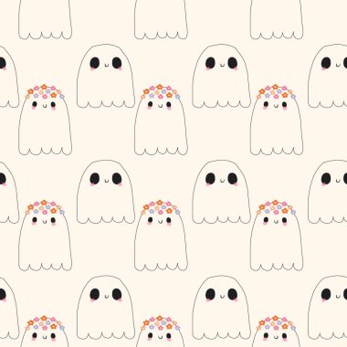 cute halloween ghost seamless pattern repeat print background. Vector illustration. Great for kids and home decor projects. Surface pattern design. Seamless pattern with ghosts. halloween cute illustration for kids textile, holiday.