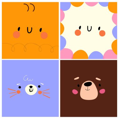 Sevimli basit hayvan portreleri - arı, ayı, tavşan ve çiçek. Bebek kıyafetleri yapmak için harika. Vektör illüstrasyonu