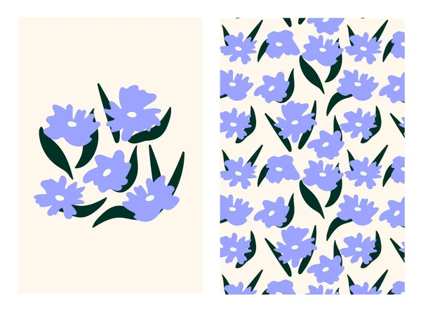 一套供社交网络 明信片等用的蓝花卡片 紫色花纹和带有抽象花朵的海报 — 图库矢量图片