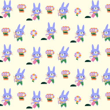 Tavşanlı vektör deseni, bahçede çiçekler. Tatlı bir çizgi film karakteri. Köy manzarası. Kusursuz desen. Tekstil, duvar kağıdı veya baskı tasarımı için mükemmel.