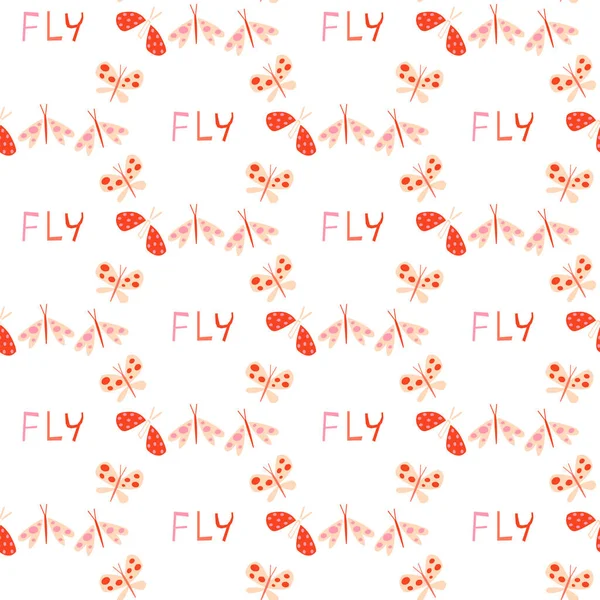 ヴィンテージ飛行昆虫夏の背景 カラフルなテクスチャ 包装紙 素朴な壁紙 自然背景繊維 赤い蝶とピンクの蝶のベクトルパターン デザイン 印刷のための明るい壁紙 — ストックベクタ