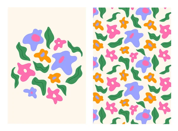 用于社交网络 明信片等的媒介中的花卉卡片模板 色彩艳丽的花卉图案和带有抽象花朵的海报 有创意装饰花纹的北欧风格花纹 — 图库矢量图片